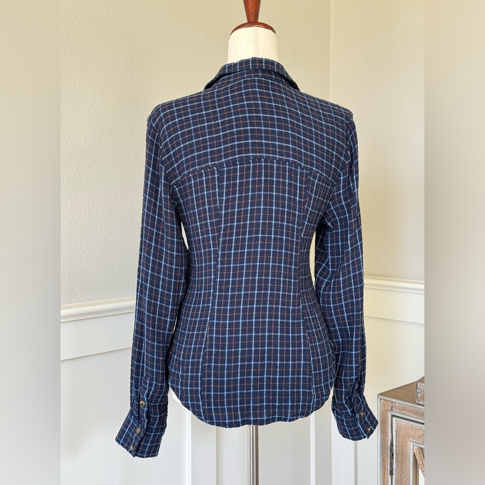 Anthropologie Pilcro Keaton Plaid Ruched Long Sleeve Collared Blouse Blue Sz S - Picture 5 of 15